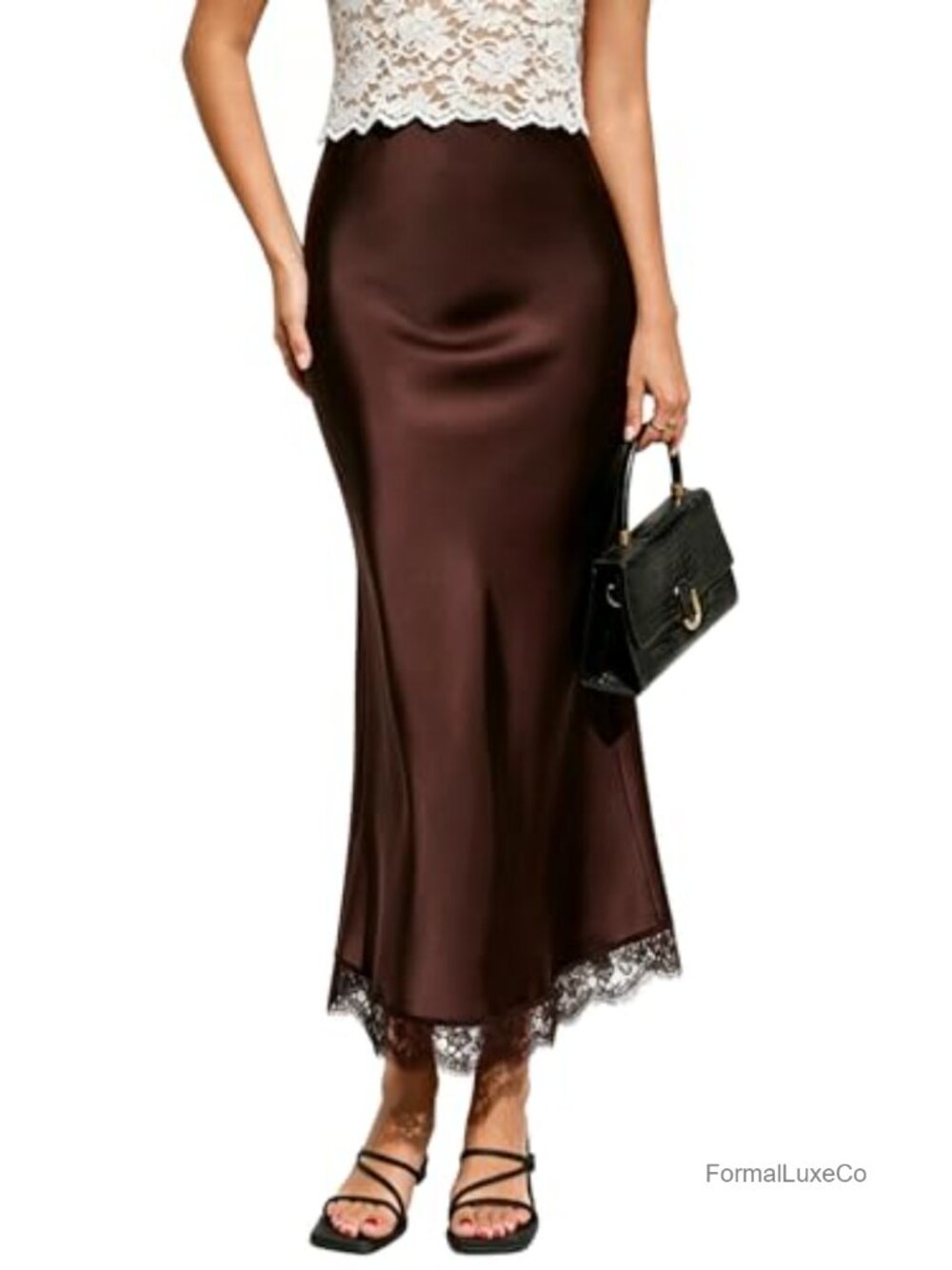 Satin Silk Lace Hem Maxi Skirt A-Line Fishtail Formal Party